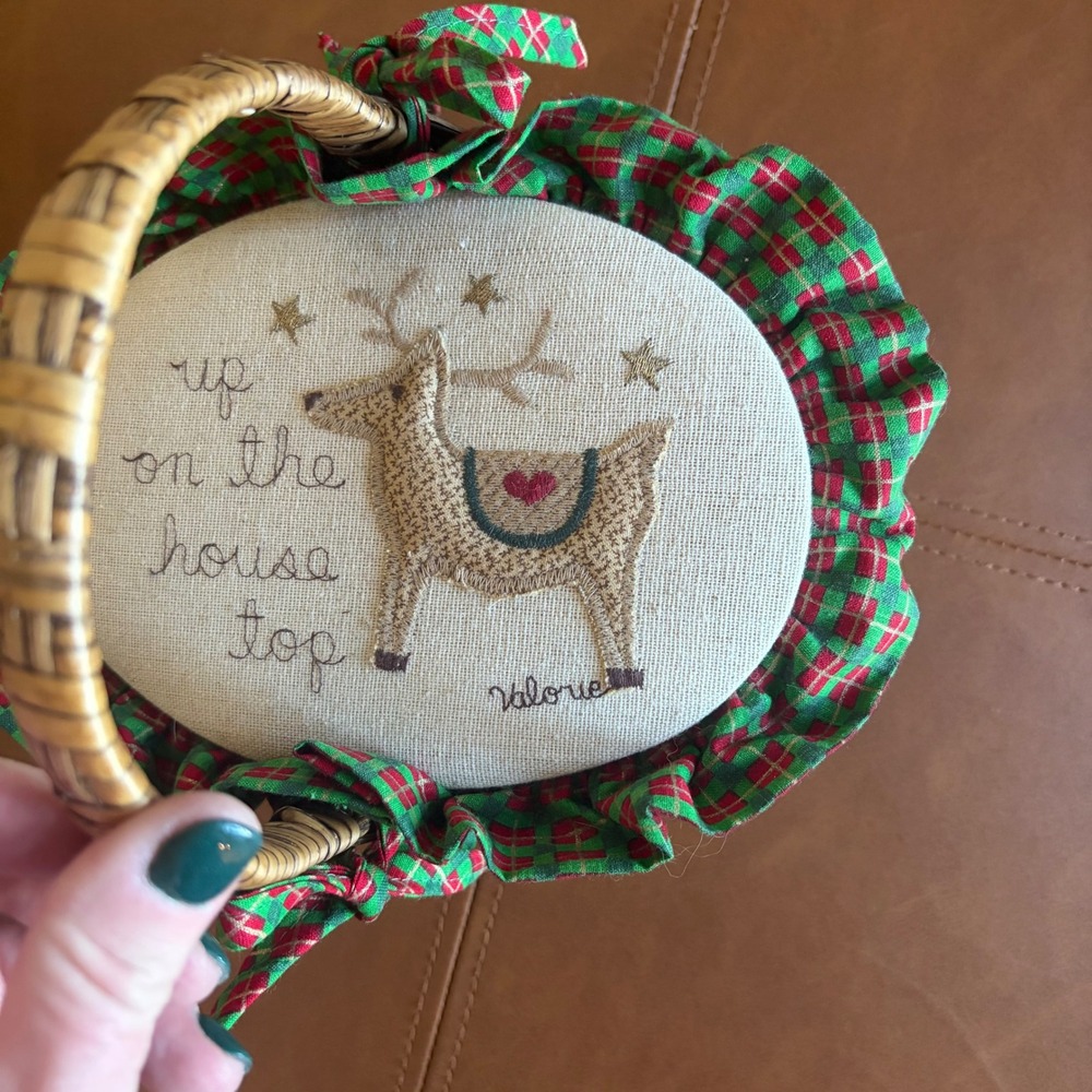 Handmade Reindeer Christmas Basket Up On The Housetop Plaid Ruffle Wicker Lid